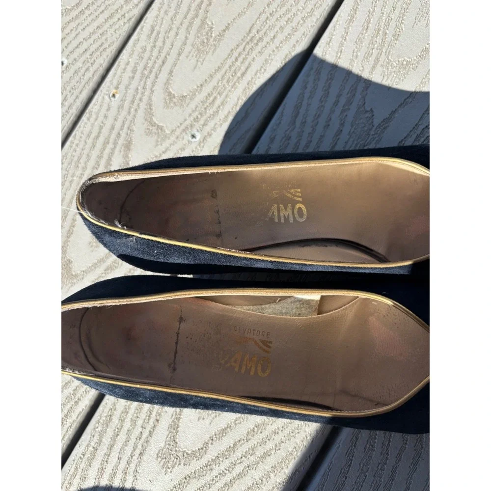 Salvatore Ferragamo Navy Suede Low Heel Pumps with Gold Accent